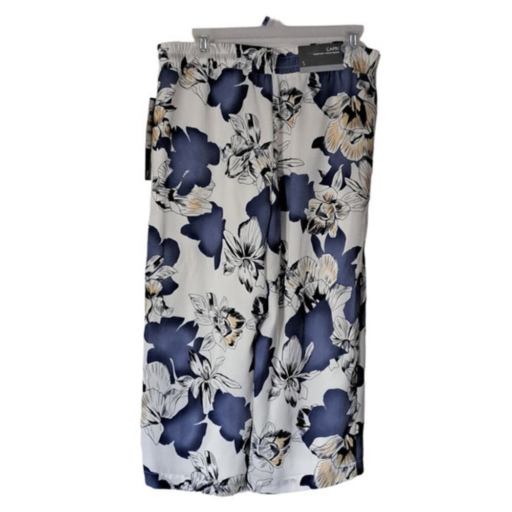 JM Collection Womens Comfort Waistband Capri Wide Leg Pants White Floral Sz S